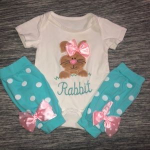 Rabbit onesie with leg warmers.